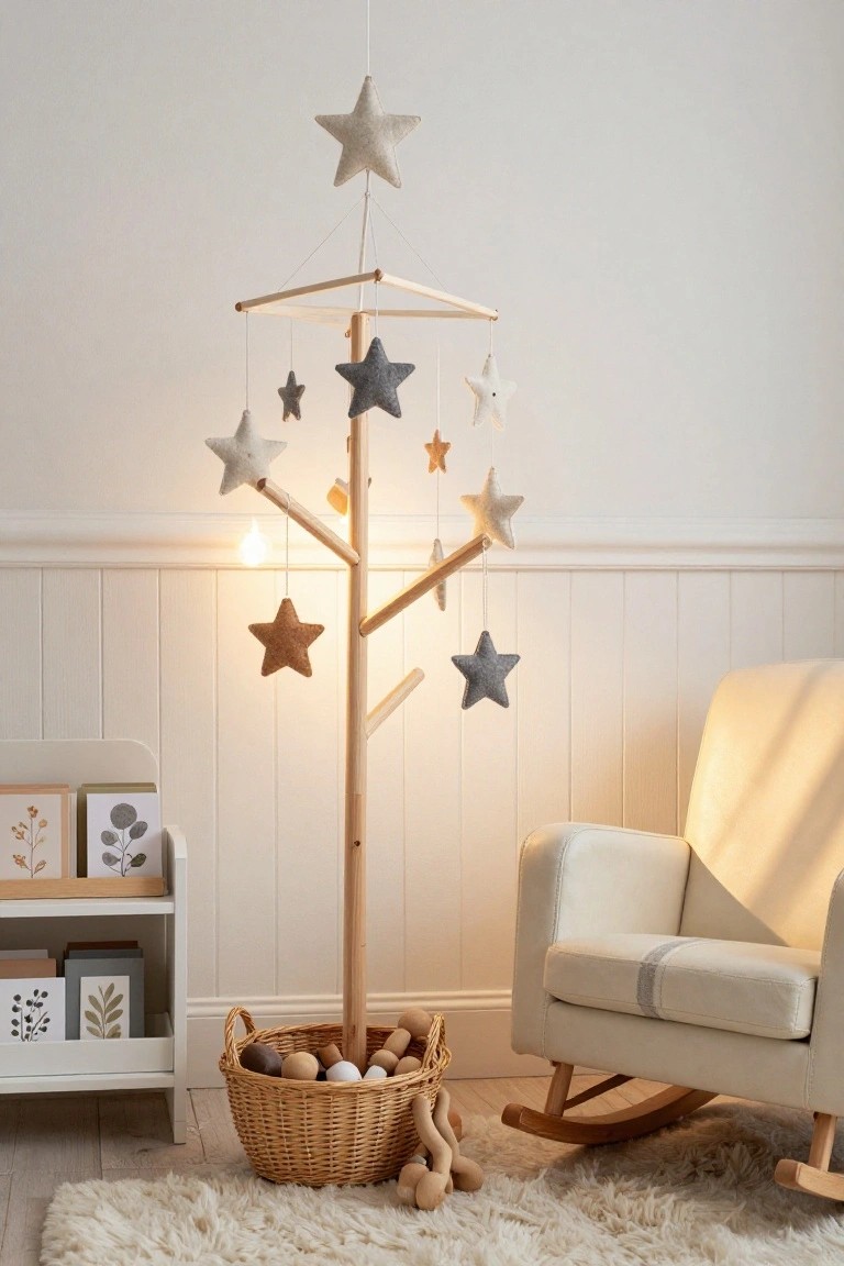 Freestanding wooden tree frame with hanging beige, gray, and brown felt stars, illuminated by a hanging bulb, positioned in a light nursery room beside shelves, a white rocking chair, and a wicker basket of wooden balls and toys on a fluffy rug.