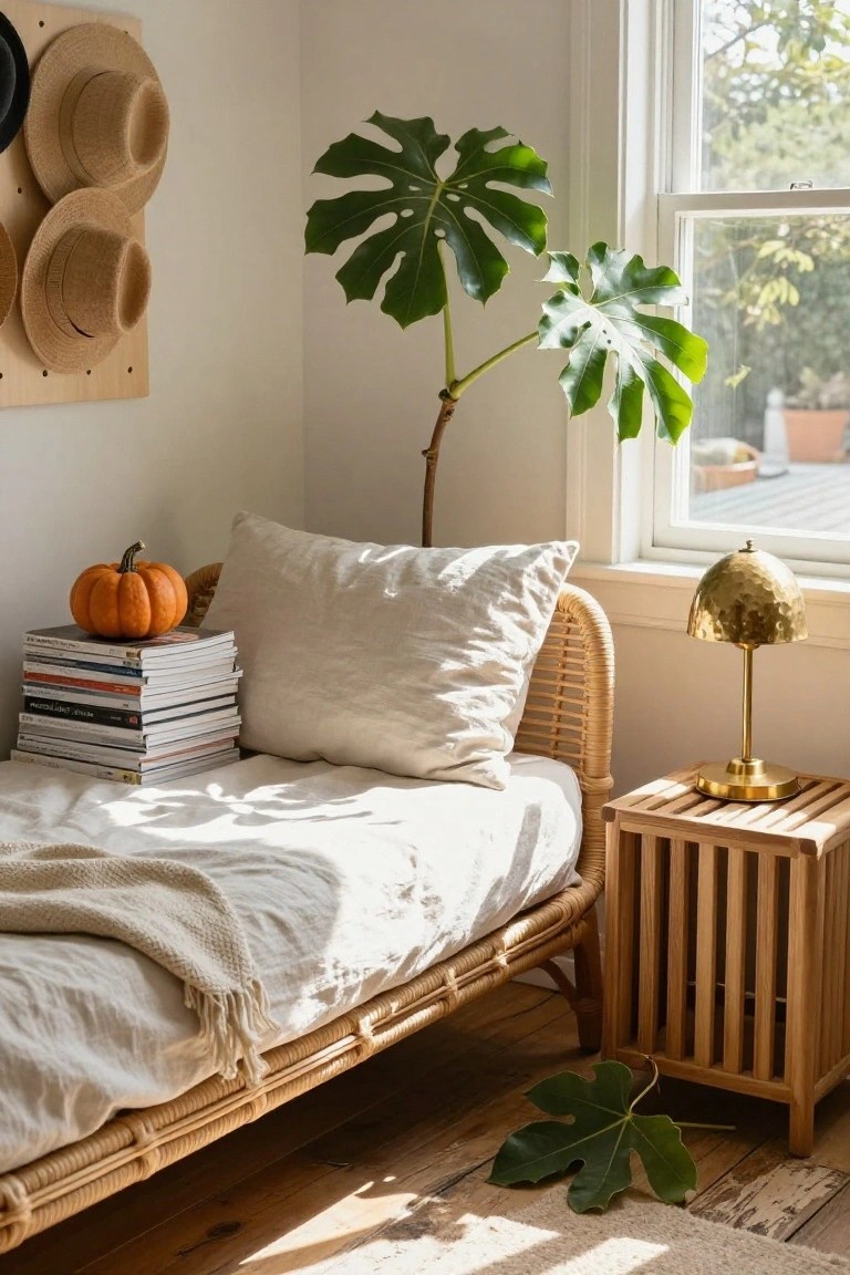 Light-filled bedroom corner with low rattan bed in white linens, stack of assorted books topped by small orange pumpkin, large monstera plant by window, straw hats on pegboard wall, brass lamp on slatted wood side table, and fallen leaf on floor.