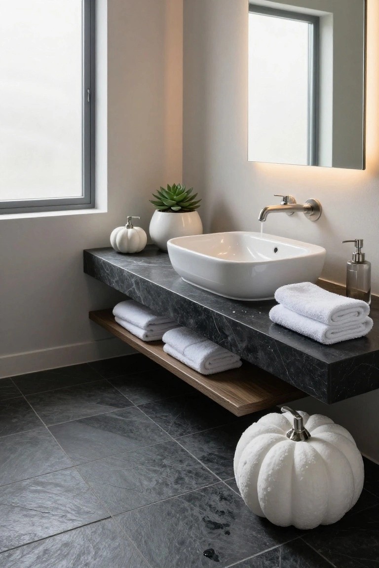 Modern bathroom with floating black marble vanity, white vessel sink, wall-mounted faucet, folded white towels on shelf, potted succulent, small white pumpkins on counter, and large white pumpkin on dark tile floor.