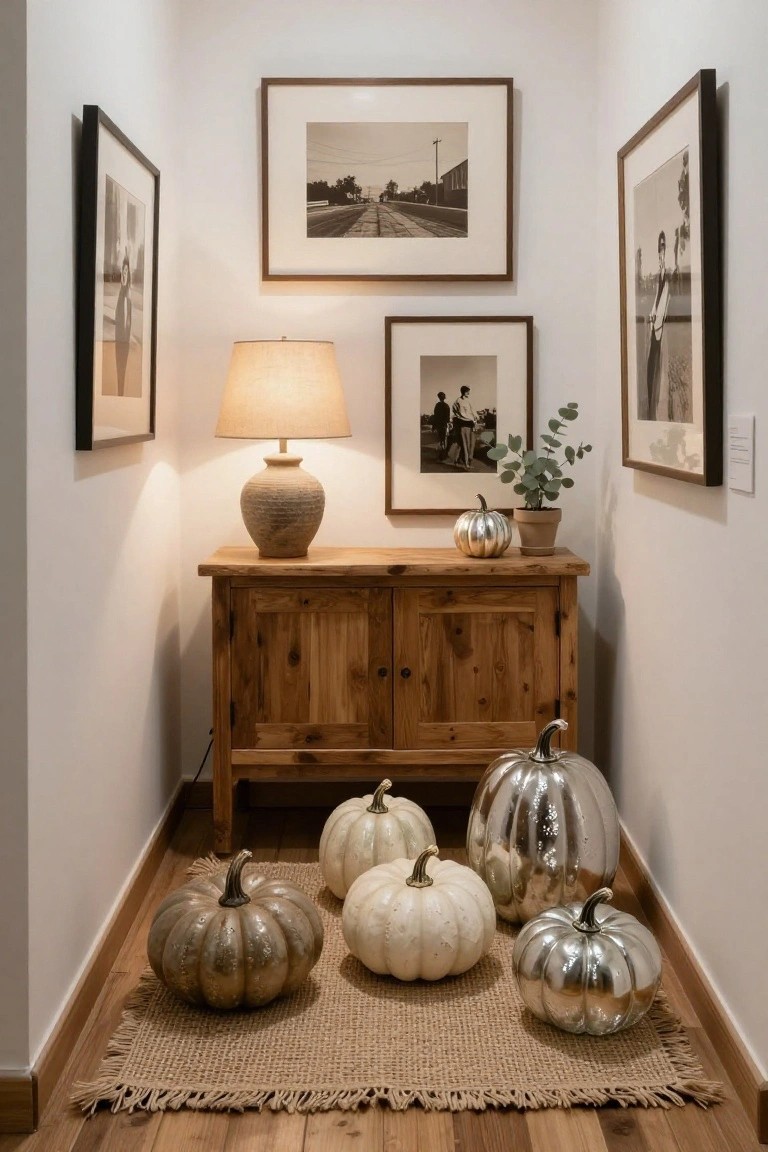White interior corner with wooden cabinet holding a beige lamp and small silver pumpkin, black-and-white framed photos on walls, potted eucalyptus, and clusters of white and metallic pumpkins on seagrass rug and floor.