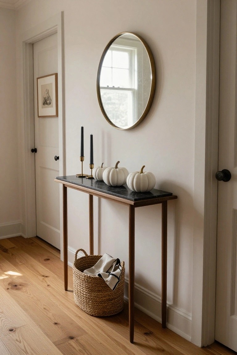 Narrow wooden console table with black marble top in a white hallway, topped with three white pumpkins and two black taper candles in gold holders, round gold mirror on wall above, seagrass basket on floor nearby.