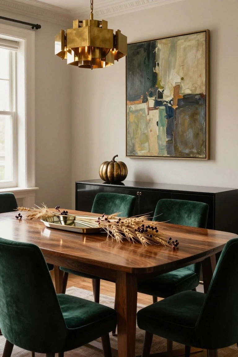 Dining room interior with walnut table and green velvet chairs, gold geometric chandelier, abstract painting on wall, black credenza topped with brass pumpkin, and gold tray on table holding wheat stalks and dark berries.