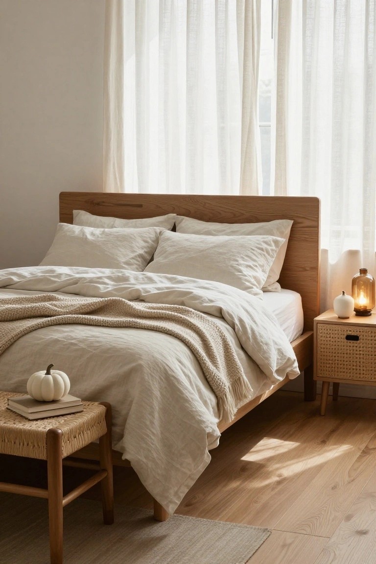 Bedroom with oak bed frame, white linens and knit throw, two white pumpkins on rattan stool and nightstand with lit pumpkin candle, sheer curtains at window, and wooden floor.
