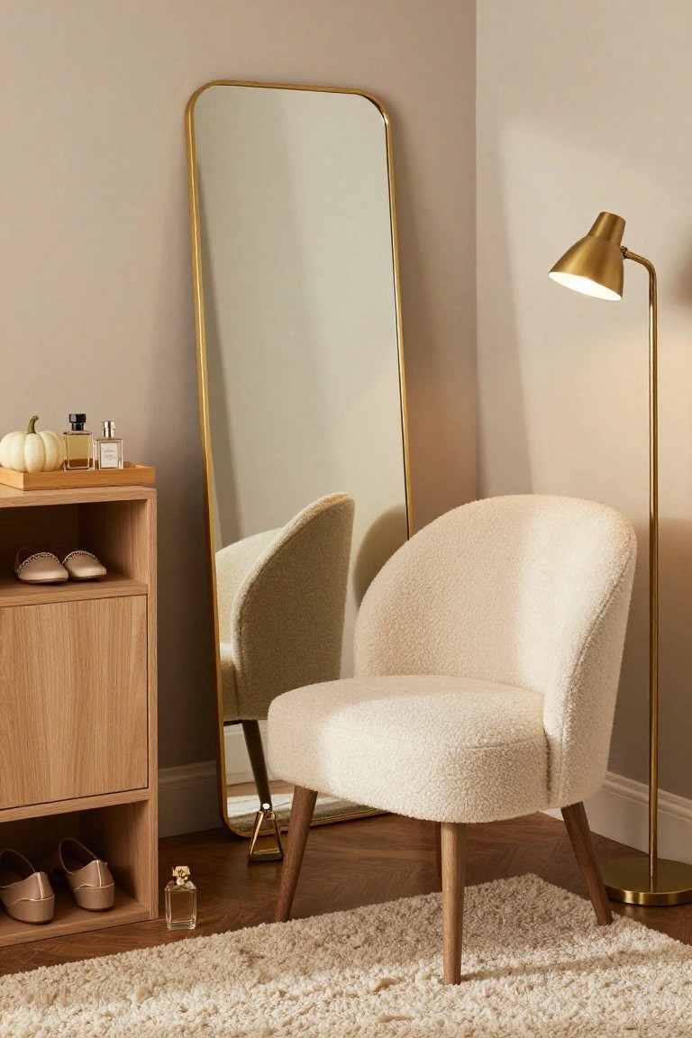 Corner of a beige room with tall gold-framed mirror, cream boucle armchair on wooden legs, wooden shelf holding tray of small white pumpkins and perfume bottles plus shoes below, gold arc lamp, and cream shag rug on parquet floor.