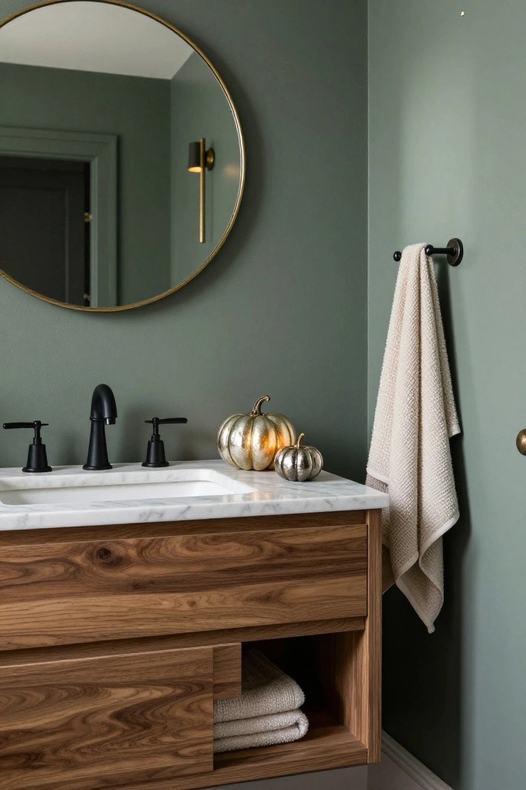 Sage green bathroom with wooden vanity, white marble sink, black faucet, two gold metallic pumpkins and one small white pumpkin on the counter, round gold mirror above, white towels on rack and in open shelf, black door and gold wall sconce.