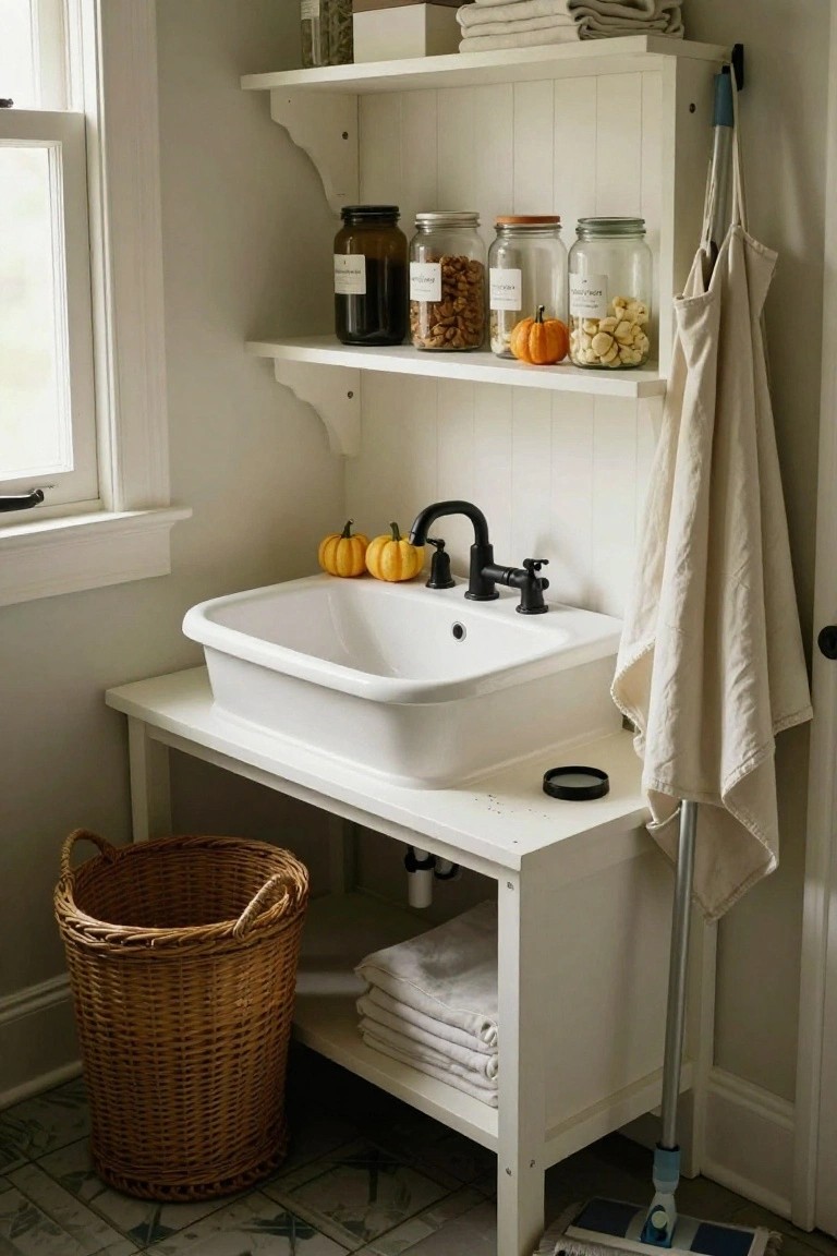 White farmhouse sink with black faucet on a low wooden cabinet, open white shelves above holding glass jars of nuts and beans plus small pumpkins, towels draped nearby, wicker basket on green tile floor, mop leaning against wall.