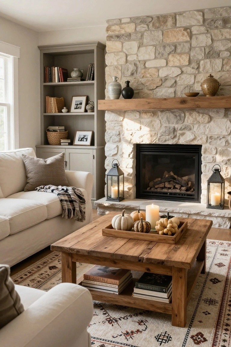 Living room with beige sofa, wooden coffee table holding tray of white and small orange pumpkins plus books, stone fireplace flanked by lanterns and candles, gray built-in bookshelves.