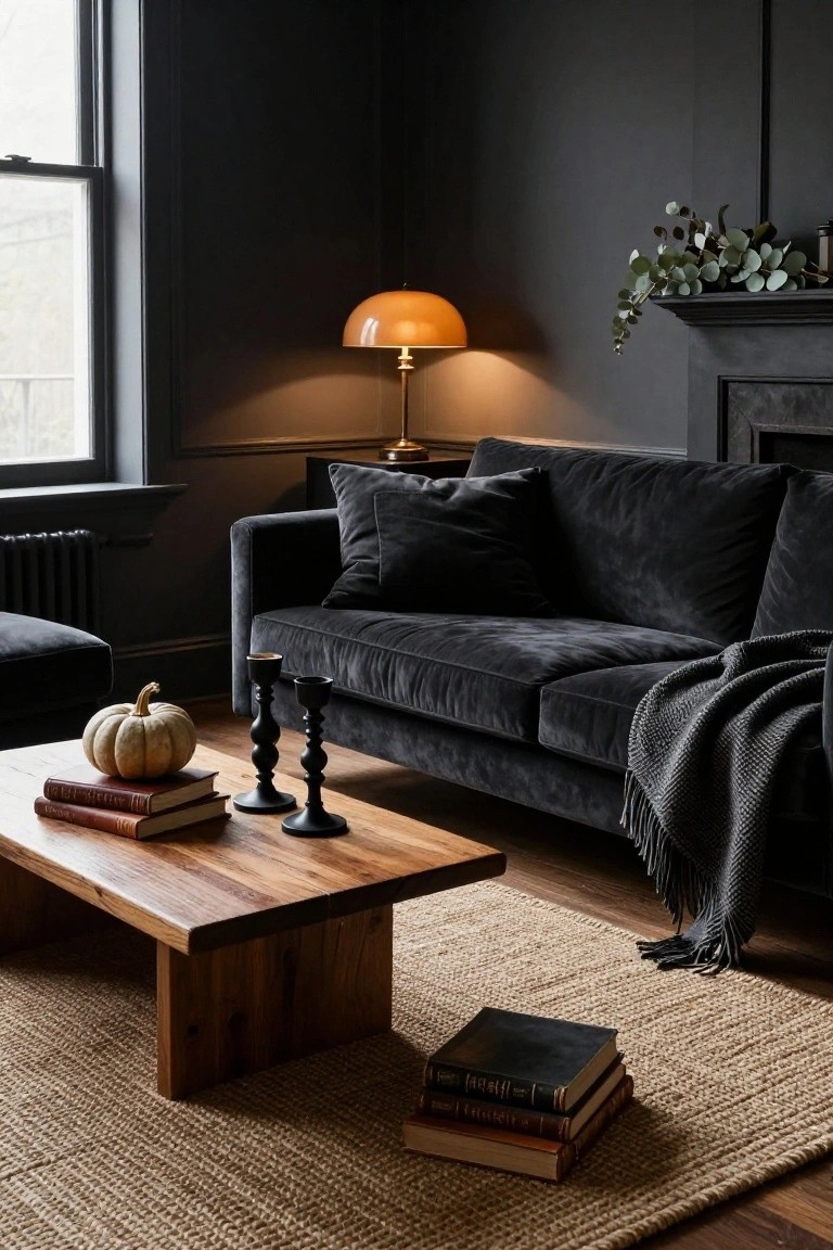 Dark-walled living room with black velvet sofa, wooden coffee table holding white pumpkin, black candles, and stacked books, orange lamp on side table, seagrass rug on wood floor.