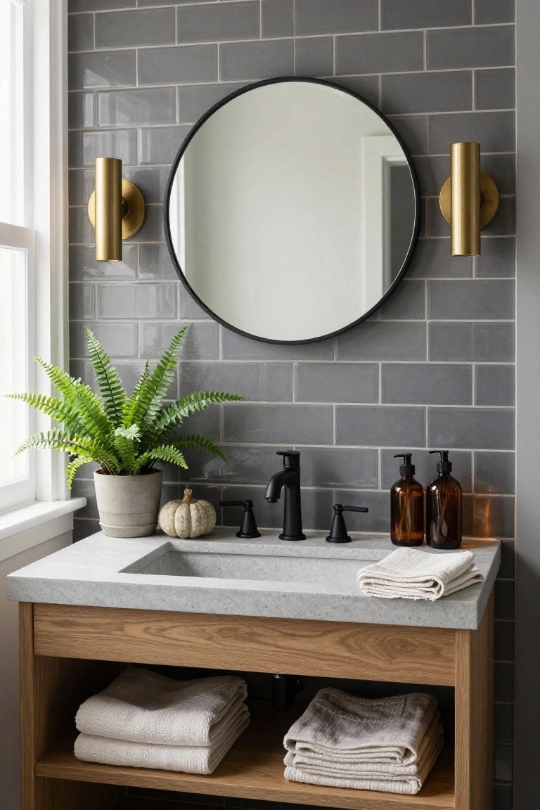 Modern bathroom vanity with integrated gray concrete sink, oak wood cabinet base, gray subway tile backsplash, round black-framed mirror flanked by gold sconces, black faucet, potted fern plant, small white pumpkin, amber glass dispensers, and folded white towels.