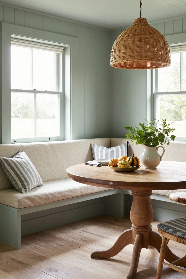 Sage green paneled breakfast nook with built-in beige banquette seating and striped pillows, round wooden pedestal table holding small pumpkins on a brass tray and herbs in a white jug, rattan pendant light overhead, and two windows with roller blinds.