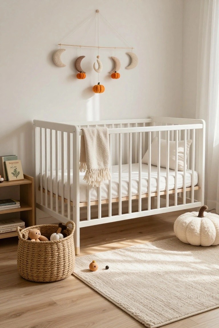 A bright nursery with a white crib draped in a beige blanket, a wooden mobile of cream and tan felt moons and orange pumpkins hanging above, a wicker basket holding stuffed toys and a white pumpkin, and a large white plush pumpkin on the light wood floor next to a beige rug.
