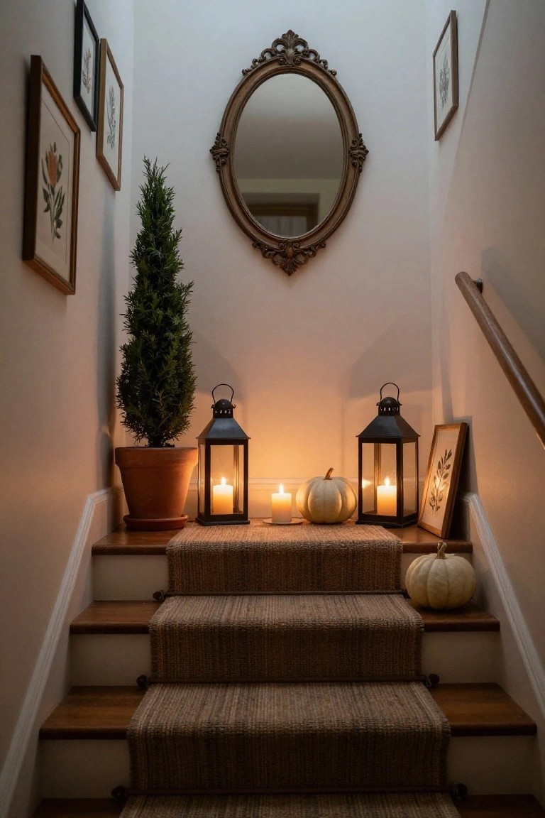 White-walled stairwell with wooden steps covered in a brown carpet runner, featuring a potted evergreen tree, two black metal lanterns with lit candles, white pumpkins, an ornate oval mirror, and framed botanical prints.