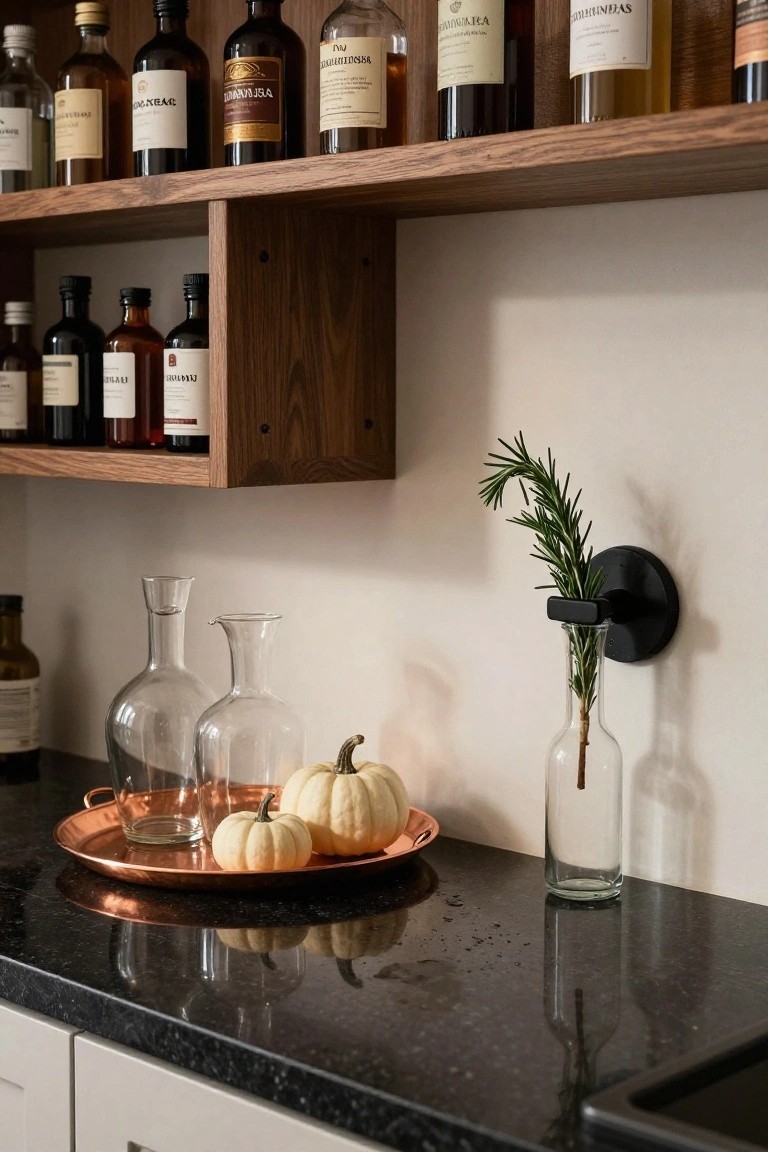 Kitchen interior with wooden shelves holding various glass bottles of liquors and spirits, copper tray on black granite counter displaying two small white pumpkins and glass carafes, rosemary sprig in wall-mounted vase.