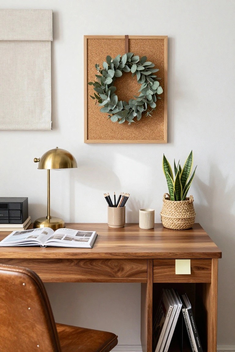 Light gray entryway corner with wooden wall rack on hooks holding beige hat, black hat, cream tote bag, and eucalyptus wreath with beige ribbon; wooden bench below with plaid blanket, two pairs of dark green wellies, metal watering can holding green plant, on dark slate tile floor with beige jute rug.