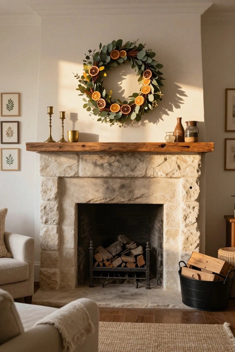 Cozy living room corner with white brick fireplace, stacked logs, cream armchair with white throw blanket, floating wooden shelves holding books, vases, and bowls, large eucalyptus and pine Christmas wreath on wall above mantel, wooden toboggan, brass globe on stand, candles, and cream pouf on wood floor.