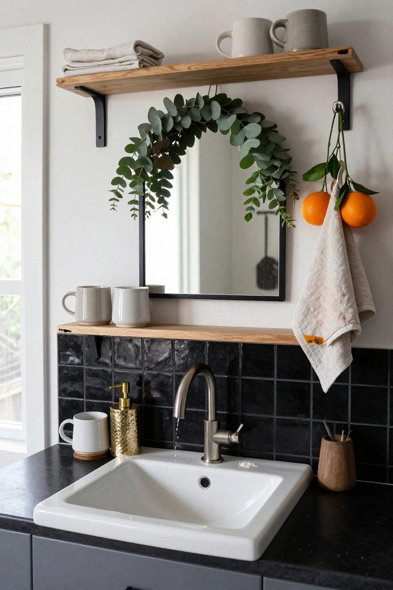 Bathroom corner featuring a floating white quartz vanity with black faucet, gold-framed round mirror, eucalyptus wreath hanging from a gold hook beside the mirror, woven basket of folded white towels, wooden stool with white candle, and terrazzo floor.