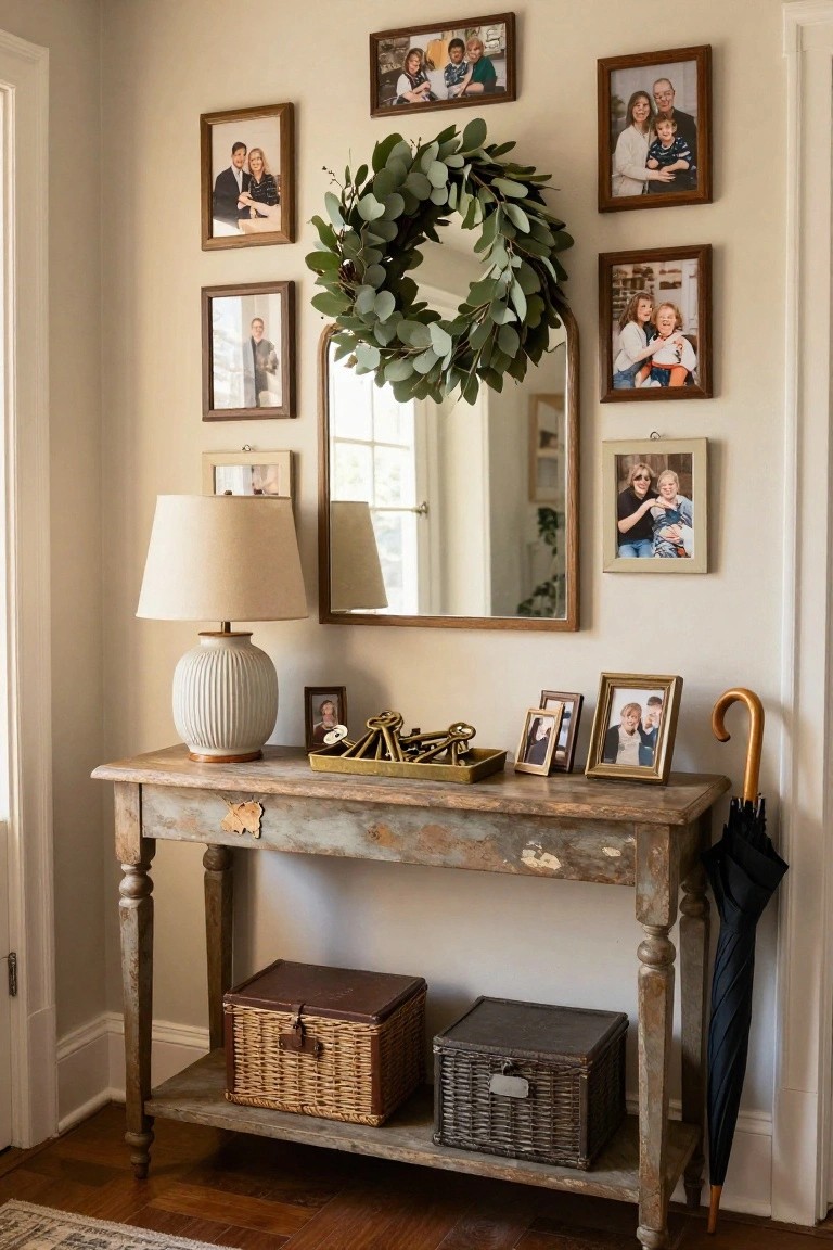 White shiplap bathroom corner with floating marble-topped oak vanity, black faucet, round brass mirror encircled by eucalyptus garland, glass shelf holding amber glass bottles and candle, hexagonal tile floor, and white toilet.