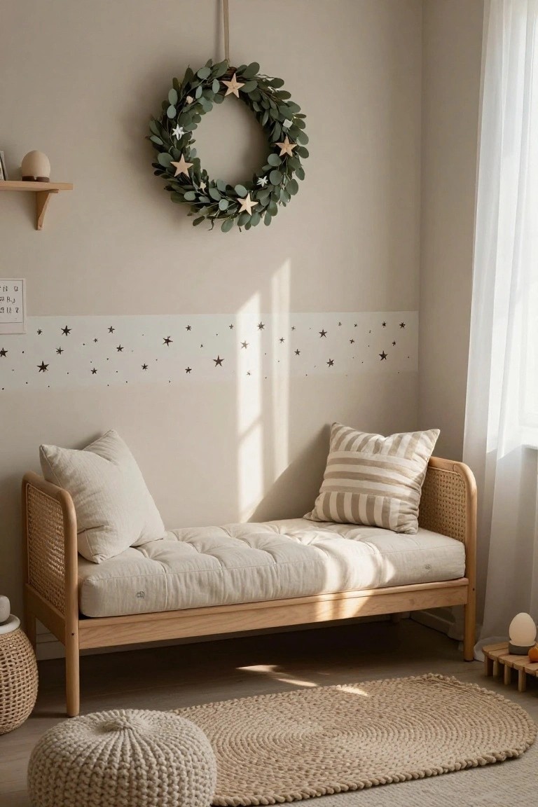Cozy home office corner featuring wooden desk with papers and leather blotter, brass desk lamp, potted plants, corkboard with photos on wooden shelf, trailing plant, and eucalyptus Christmas wreath with copper bells on beige wall.