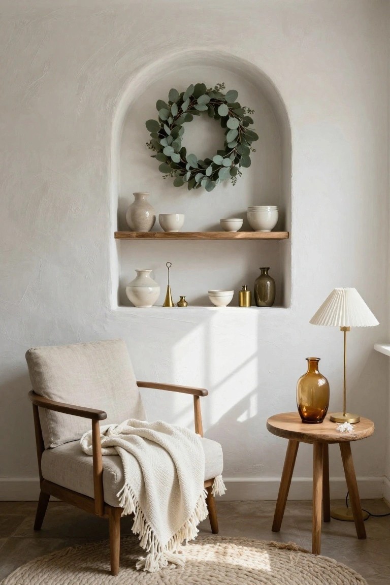 Cozy living room corner featuring a tall black bookshelf with books and potted succulents, beige sofa with throw blanket, wooden coffee table with books and bowl, table lamp on terracotta base, and green eucalyptus wreath on wall near window.