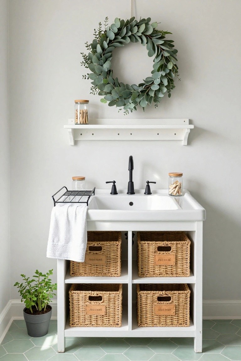 Corner of a mint green shiplap nursery with a eucalyptus wreath on the wall, gold sconce, framed letters, wooden cow blocks on a teal dresser with attached changing table, wicker bassinet, and potted fern by the window.