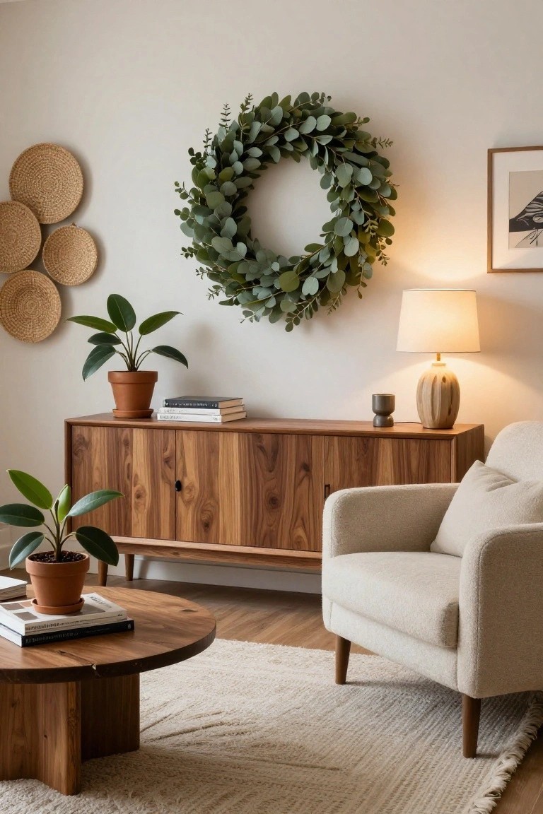 Laundry room interior with white front-loading washer, wooden cabinets holding wicker baskets of linens, concrete countertop sink with black faucet, iron on counter, and green eucalyptus wreath on white wall.