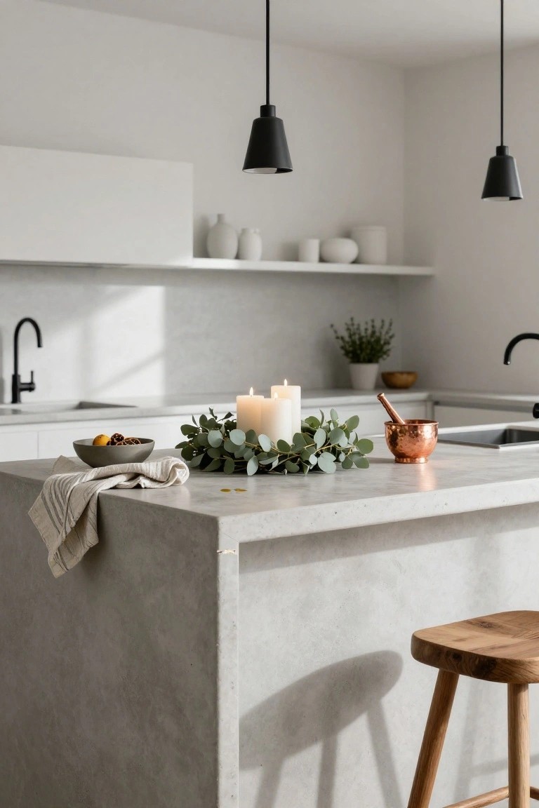 Round mirror encircled by eucalyptus wreath hanging on white hallway wall near black staircase, with olive tree in gray pot, stacked brown leather suitcases, beige ribbon, and small white shelf.