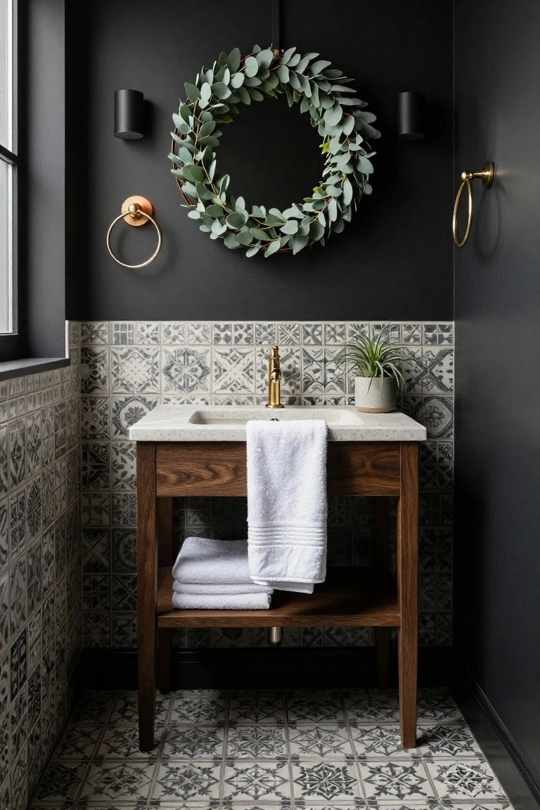 Gold-framed octagonal mirror with eucalyptus wreath tied by navy velvet ribbon hanging above wooden console table with striped runner, brass candlesticks, blue and white bowl with keys, and gold-framed black silhouette family portrait on beige wall.