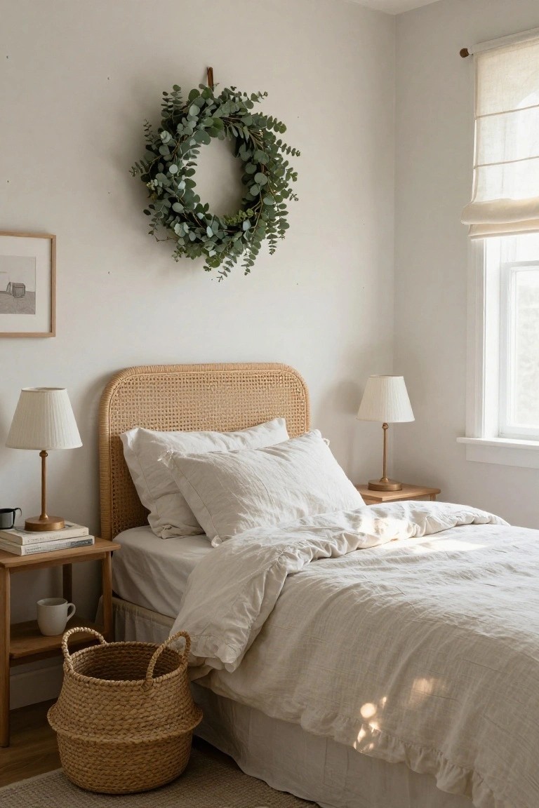 Kitchen interior with wooden floating shelves holding white plates and a eucalyptus wreath hung on a bracket, wooden dining table with banquette seating and rattan chairs, eucalyptus vase, and beige tiled backsplash.