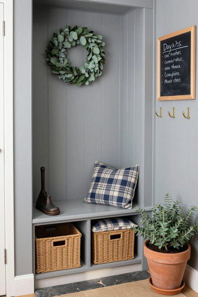 Rustic kitchen interior featuring a large eucalyptus wreath with candles on a stone fireplace mantel, wooden round table with bread plates and chairs, potted plants, and terracotta floor tiles.
