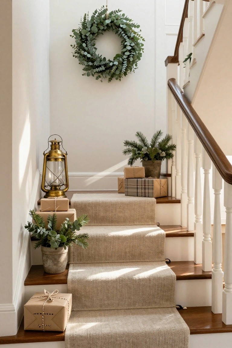Gray sliding barn door with a wreath of lavender and eucalyptus hanging on it, open to white pantry shelves holding copper pots, glass jars of ingredients, wooden cutting boards, spoons, and a brass kitchen scale.