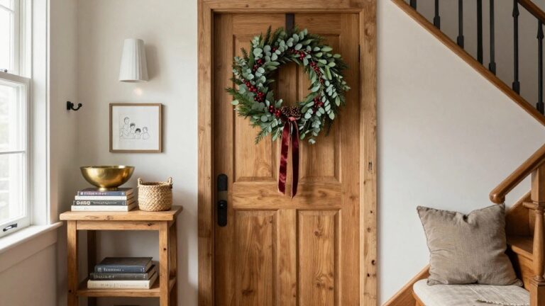 20 Eucalyptus Christmas Wreath Ideas That Smell as Fresh as They Look Dark green arched interior door with eucalyptus wreath hanging on it, beside a wooden bench holding terracotta vase of dried hydrangeas, linen towel, woven tray with papers, brown leather boots, and black umbrella stand in a beige entryway with hardwood floor.