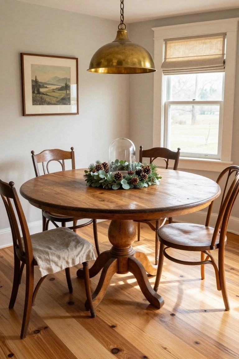 Glass-enclosed porch with a eucalyptus and pine Christmas wreath hanging in the window, straw hats on the wall, a bench holding magazines and boots, two potted rosemary plants, and a white door leading outside.