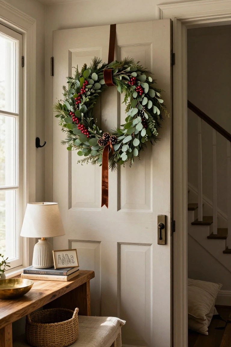 Dark green arched interior door with eucalyptus wreath hanging on it, beside a wooden bench holding terracotta vase of dried hydrangeas, linen towel, woven tray with papers, brown leather boots, and black umbrella stand in a beige entryway with hardwood floor.
