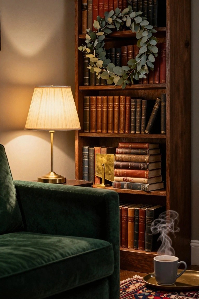 Built-in window seat with gray cushions, patterned pillows, white throw blanket, small wooden stool holding books and mug, bookshelves filled with books, woven basket, potted plant, and green eucalyptus wreath on white wall next to window.