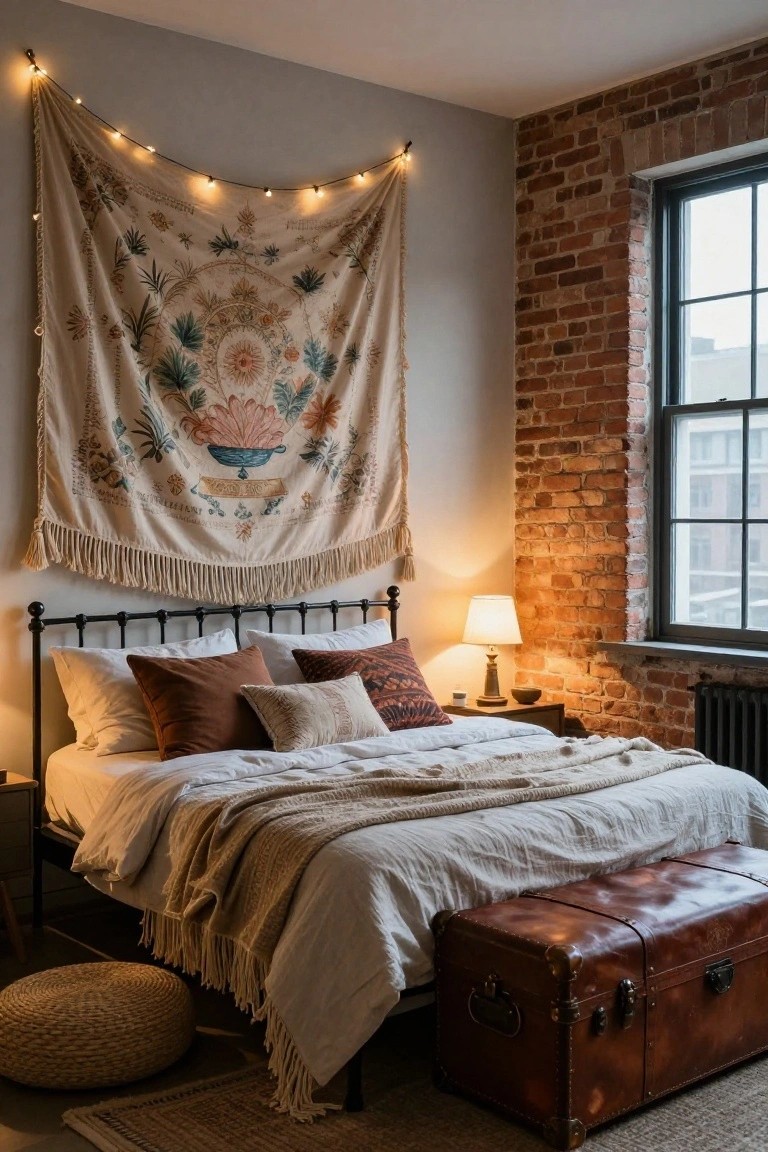 Bedroom corner with exposed brick walls and black metal bed frame topped by neutral pillows and linens, large cream tapestry with mandala design and fringe hanging above the bed, string lights draped over the tapestry, bedside lamp, leather trunk, and woven pouf on rug.