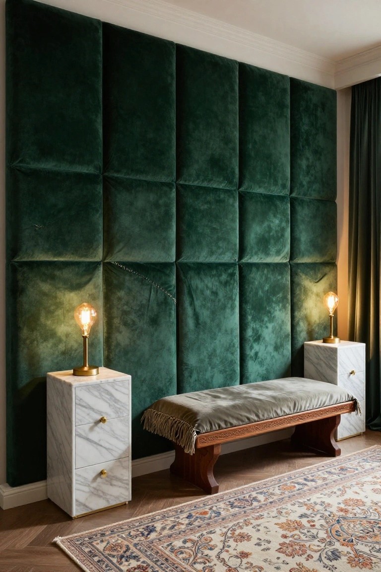Emerald green tufted velvet wall panels in a bedroom corner with two white marble pedestal tables topped by gold lamps, a wooden bench with gray cushion and gold throw, patterned rug, and herringbone wood floor.