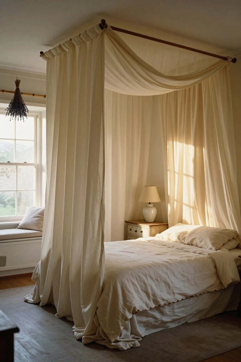 Bedroom featuring a wooden four-poster bed with long sheer cream-colored fabric drapes hanging from the canopy frame, beside a window with sheer light filtering through, a window seat with pillow, side table with lamp, and hardwood floor with rug.