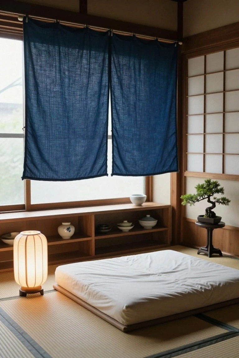 Japanese-style bedroom interior with blue draped fabric curtains over a window, tatami mat floor, low white futon, bonsai plant on stand, ceramic dishes on wooden shelves, and glowing paper lantern.