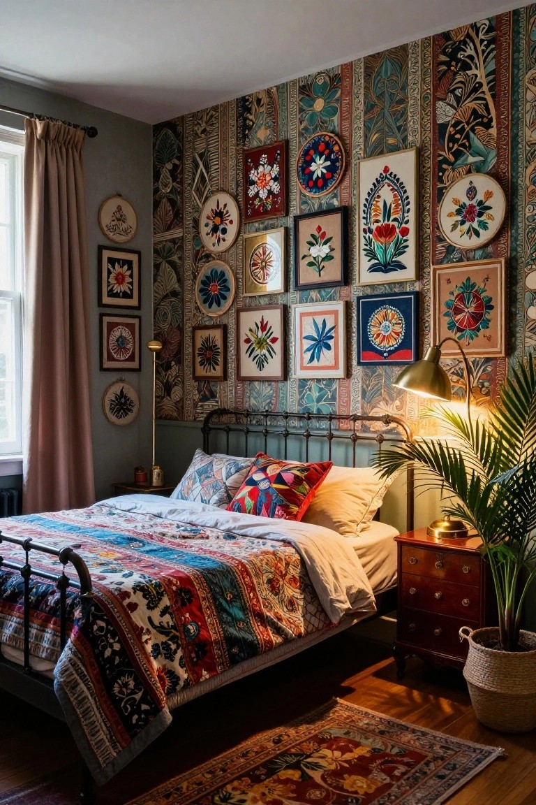 Bedroom interior featuring numerous embroidered fabric hoops and framed textile artworks in floral and geometric patterns mounted on colorful patterned wallpaper, with an iron bed, quilted bedding, potted plants, and a brass lamp.