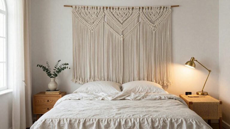 20 Fabric Wall Decor Ideas for Bedrooms Bedroom with large beige macrame wall hanging featuring heart patterns above a white bed, brass adjustable lamp and white vase with eucalyptus on wooden nightstand, sheer curtains on black-framed arched window, rattan bench at bed foot, and light wood floors.