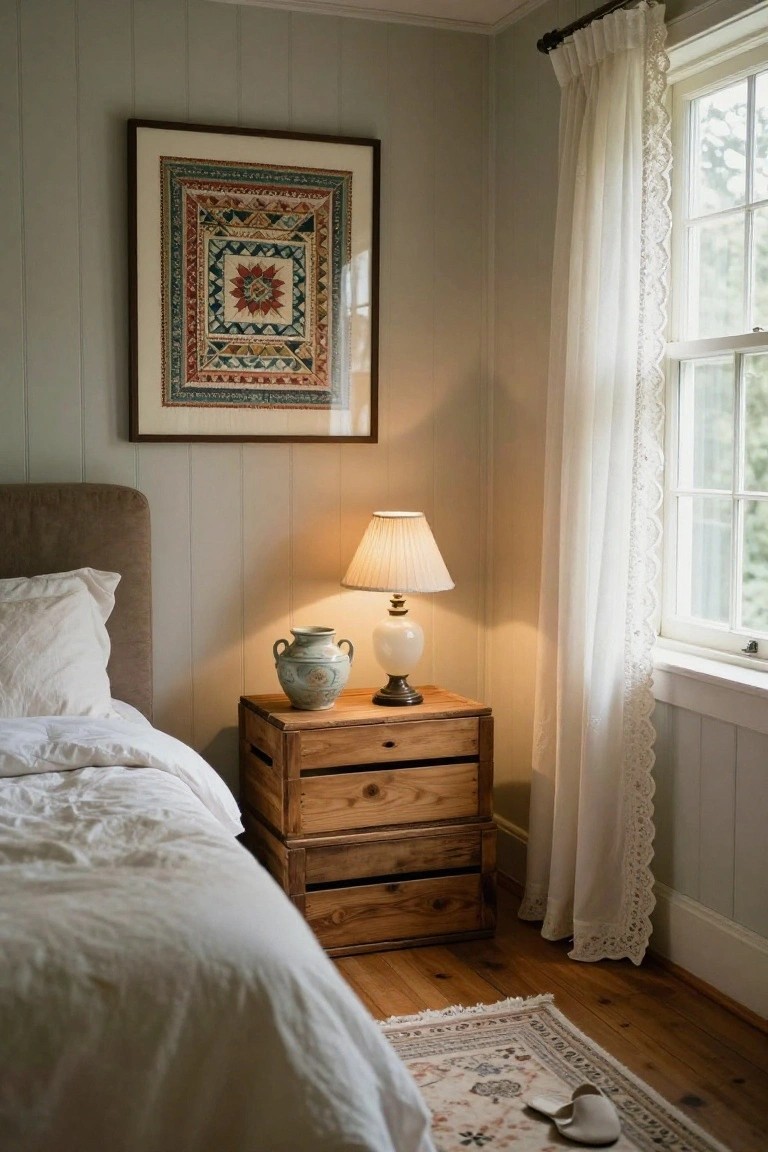 Corner of a bedroom with pale green paneled walls, a large framed colorful quilt artwork, wooden nightstand with lamp and vase, bed with white sheets, sheer lace curtains on window, and patterned rug on hardwood floor.