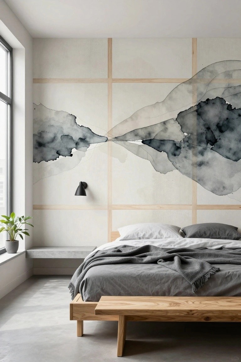 Modern bedroom with abstract gray watercolor mountain mural on wall overlaid by light wood grid panels, platform bed with white and gray bedding, wooden bench at foot, potted plant near window, concrete floor.