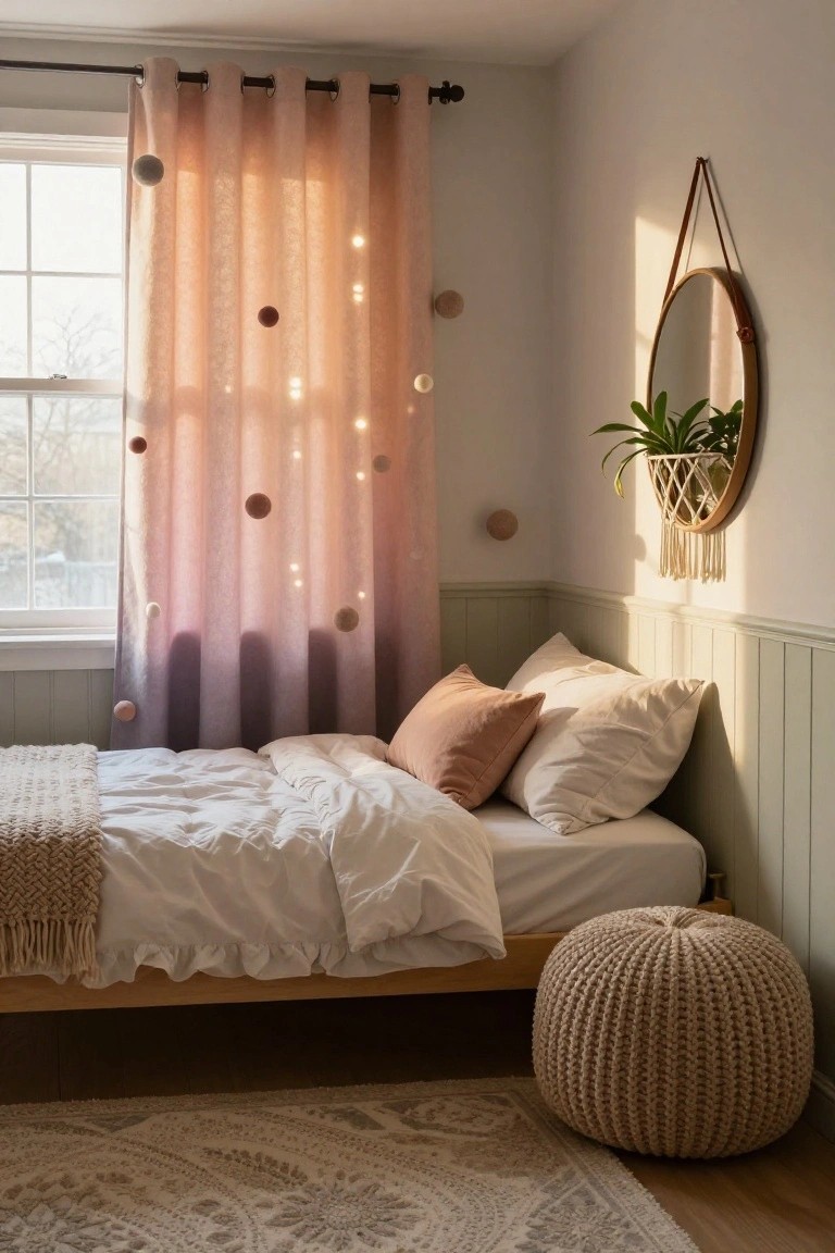 Bedroom corner showing a low platform bed with white bedding and pink pillows, pink ombre curtains with scattered hanging pom poms, a round mirror with potted plant in macrame hanger, green wainscoting, and a cream woven pouf on wood floor.