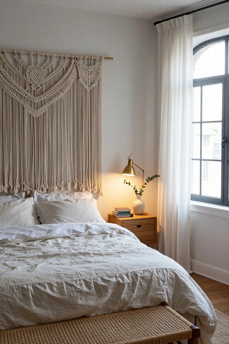 Bedroom with large beige macrame wall hanging featuring heart patterns above a white bed, brass adjustable lamp and white vase with eucalyptus on wooden nightstand, sheer curtains on black-framed arched window, rattan bench at bed foot, and light wood floors.
