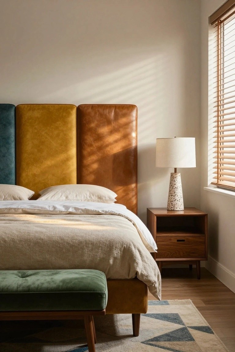 Bedroom interior with queen bed featuring tri-panel headboard in teal velvet, mustard velvet, and brown leather sections, wooden nightstand with white ceramic lamp, green velvet foot bench, hardwood floor, geometric rug, and window with wood blinds.