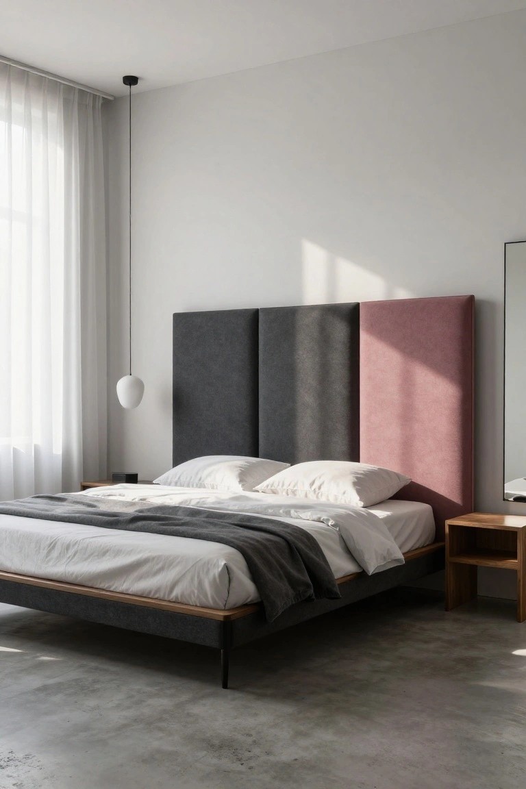 Bedroom with platform bed against three-panel upholstered headboard in dark gray, medium gray, and pink fabrics, sheer curtains on window, pendant light, wooden nightstand, full-length mirror, and concrete floor.