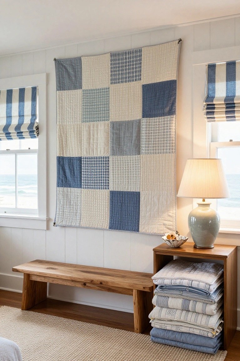 A large blue and white patchwork quilt hangs on a white paneled wall in a bedroom with ocean views through two windows with blue striped shades and roman blinds, a wooden bench nearby, a lamp and stacked linens on a wood nightstand, and a seagrass rug on the floor.