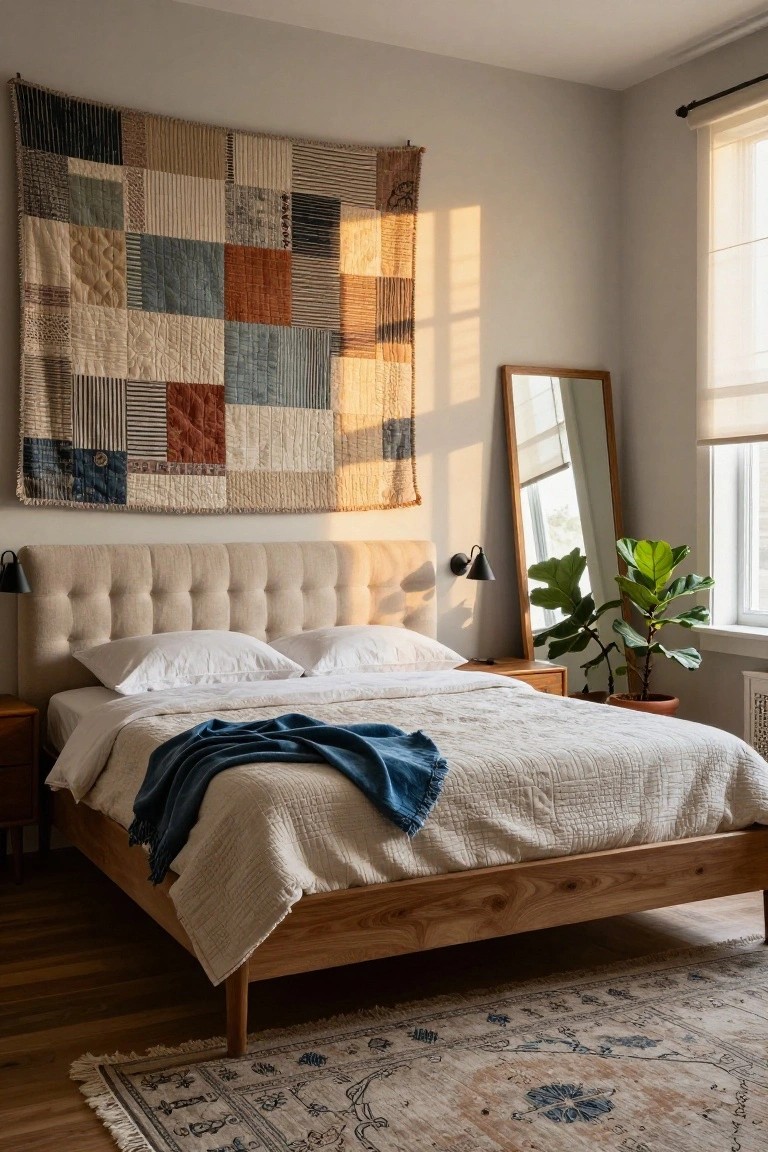 Bedroom interior with a large patchwork quilt hanging on the wall above a beige tufted bed frame on wooden legs, white pillows and sheets, a wooden nightstand, full-length mirror, potted plant near a window with blinds, and a blue and beige rug on hardwood floors.