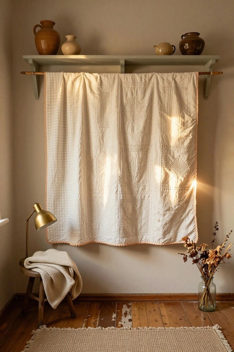 A large white quilt with embroidered patterns hangs from a wooden rod on beige walls above wooden shelves holding terracotta and cream pottery, beside a gold desk lamp, wooden stool with cream blanket, vase of dried flowers, and seagrass rug on wood floors.