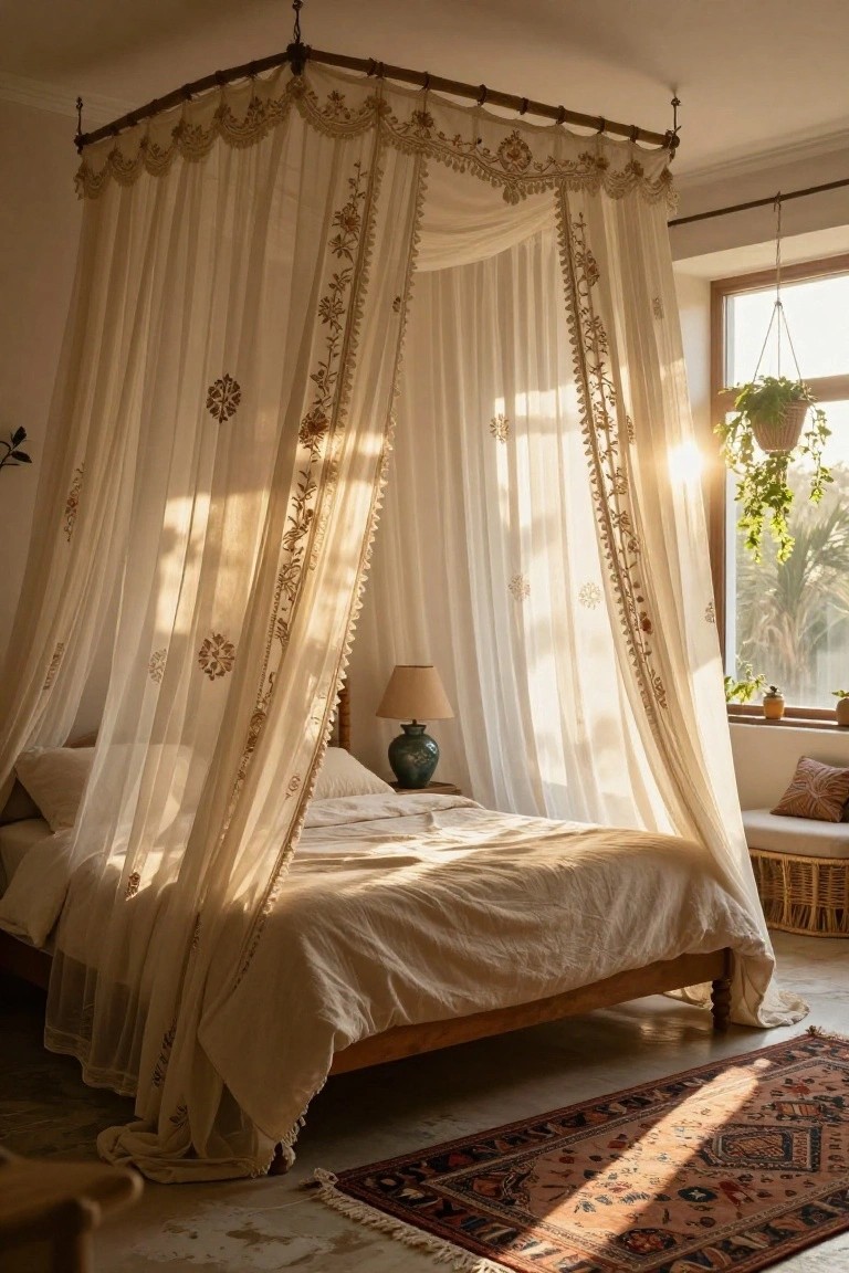 Sunlit bedroom with wooden four-poster bed draped in white embroidered sheer canopy curtains, green ceramic lamp on bedside table, hanging plants near window with palm outside, woven bench, and patterned rug on concrete floor.